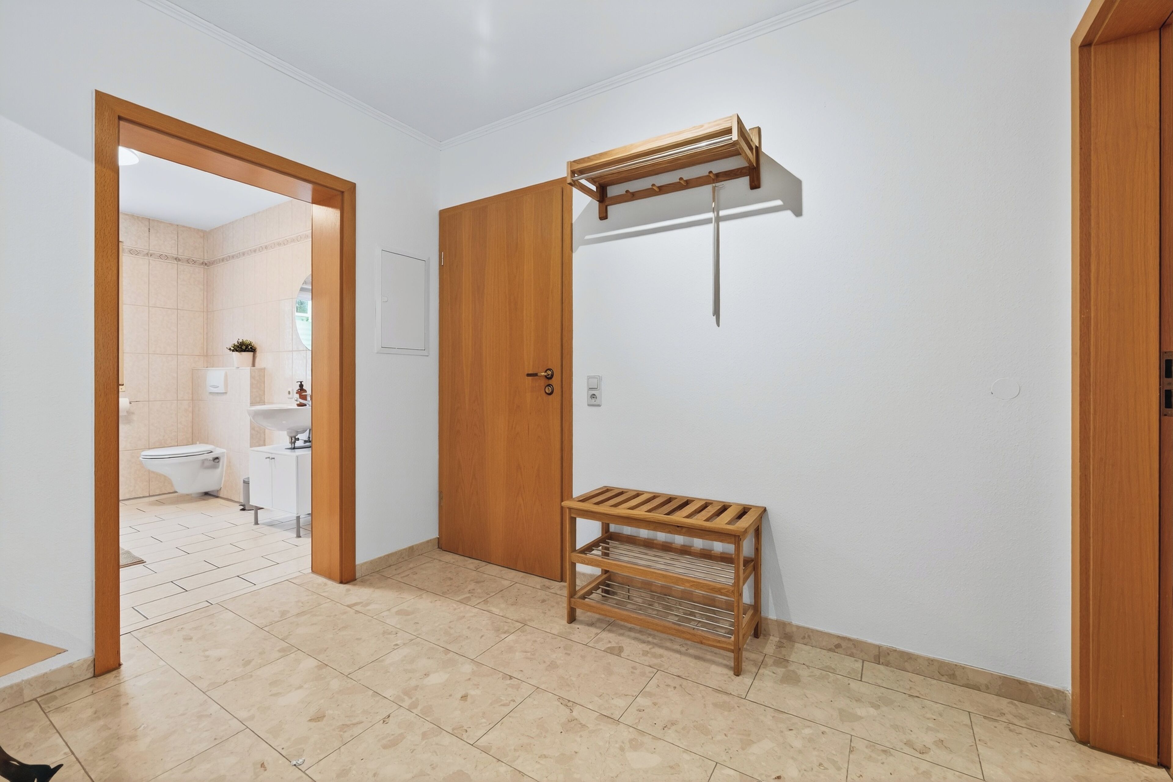 A hallway with a wooden door, a wooden shelf, and a hanging rack.