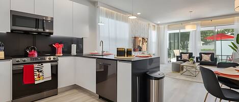 Fridge, microwave, oven, dishwasher