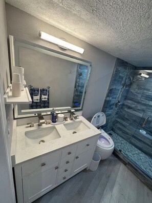 Secador de cabelo, toalhas de banho