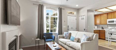 Télévision, cheminée, espaces bureaux