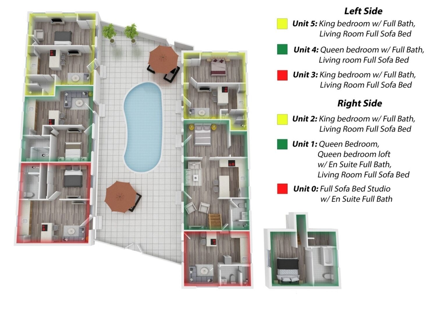Plano tridimensional de un edificio residencial con varias unidades, cada una con un dormitorio king, baño completo y sala de estar con sofá cama doble.