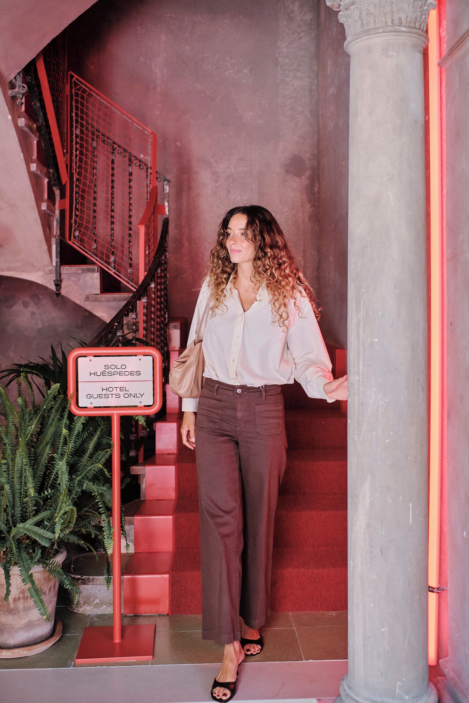 A hotel entrance with a staircase, a sign indicating 'Solo Huespedes Hotel Guests Only,' and a potted plant.