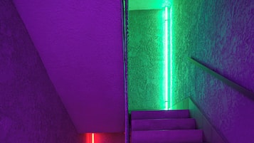 A staircase with a textured wall and a neon light.
