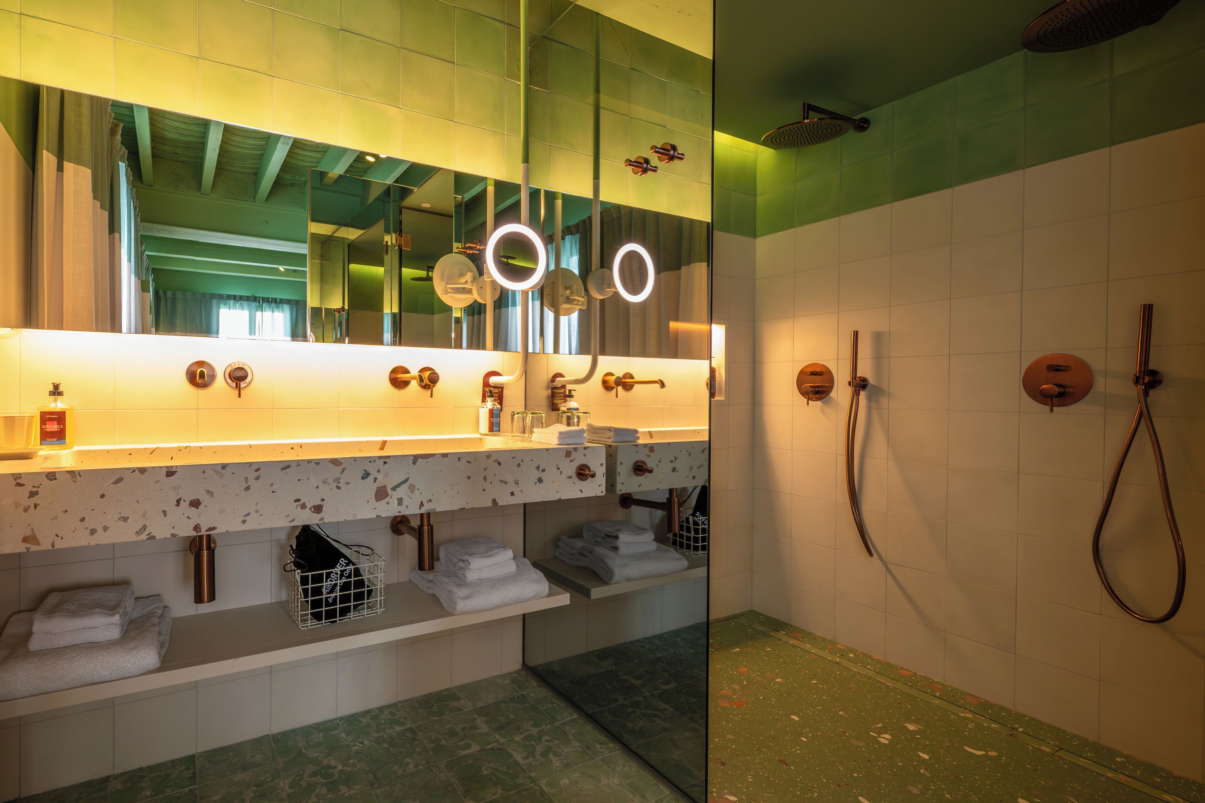 Shower, eco-friendly toiletries, hair dryer, bathrobes