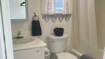 Hair dryer, towels, soap, shampoo