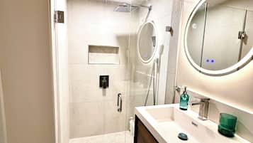 Shower, hair dryer, towels, soap