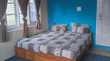 Desk, laptop workspace, blackout curtains, soundproofing