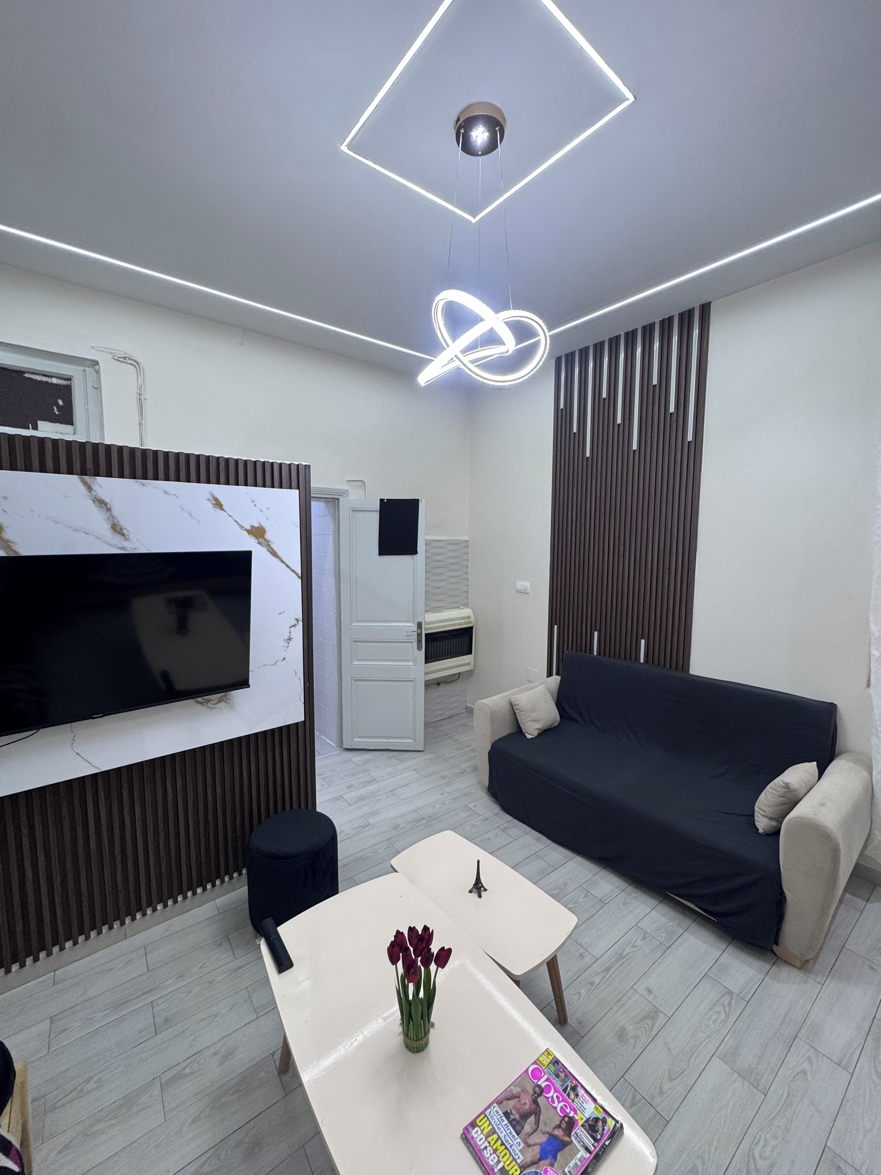 Un salon moderne avec un téléviseur à écran plat fixé au mur, un canapé, une table basse avec un magazine et un vase décoratif rempli de fleurs.