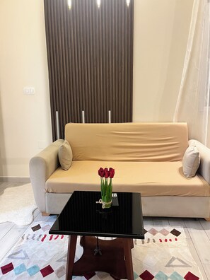 A beige sofa with a remote control on a black table in front. - Cosy F2 apartment in the heart of Algiers (Alger Centre)