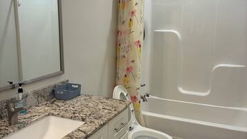 Hair dryer, towels, soap, toilet paper