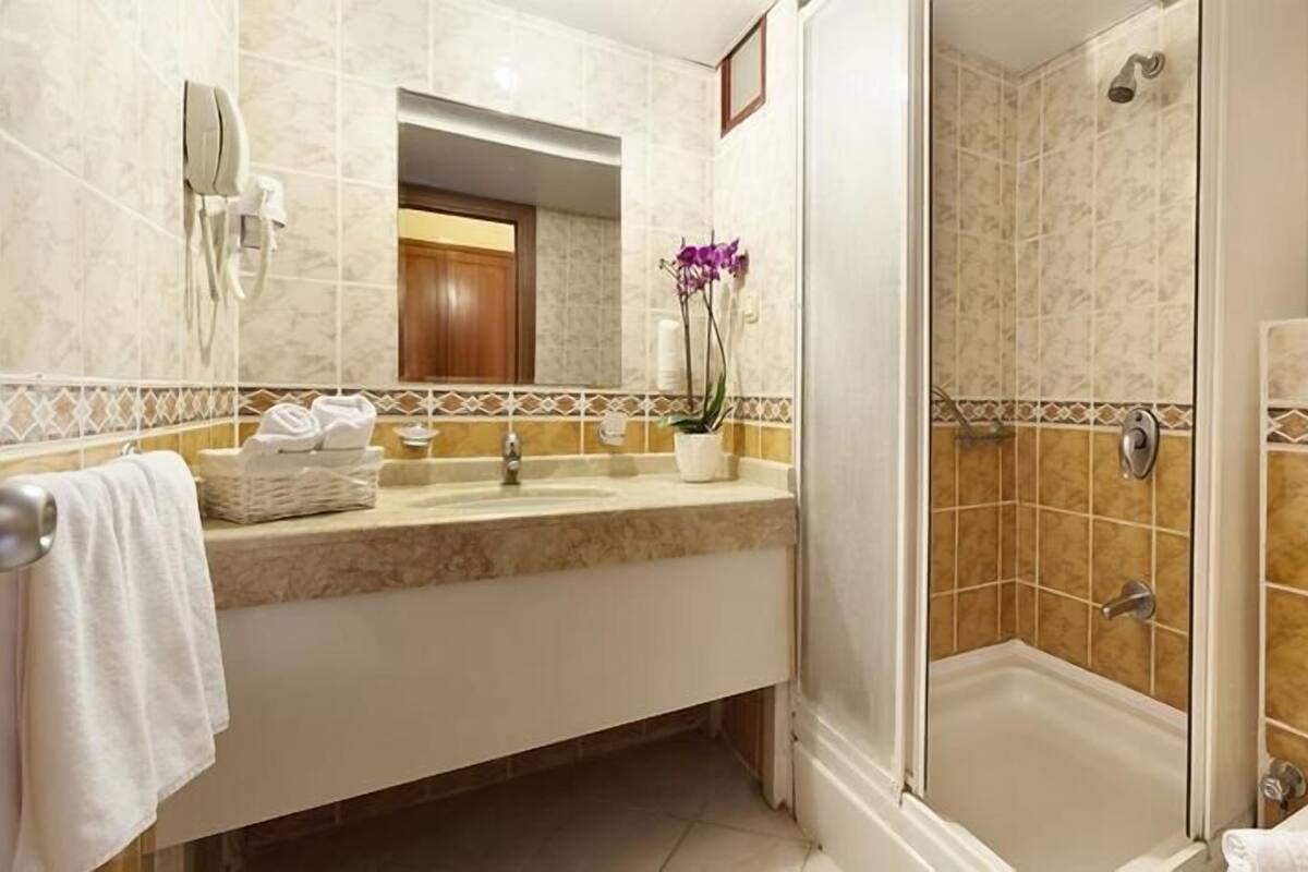 A bathroom with a sink, mirror, and shower.