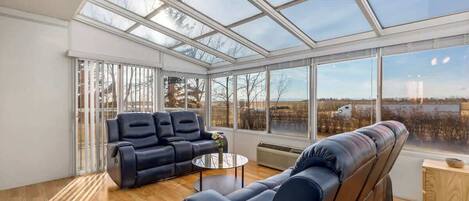 Televisio, takka, työhuone