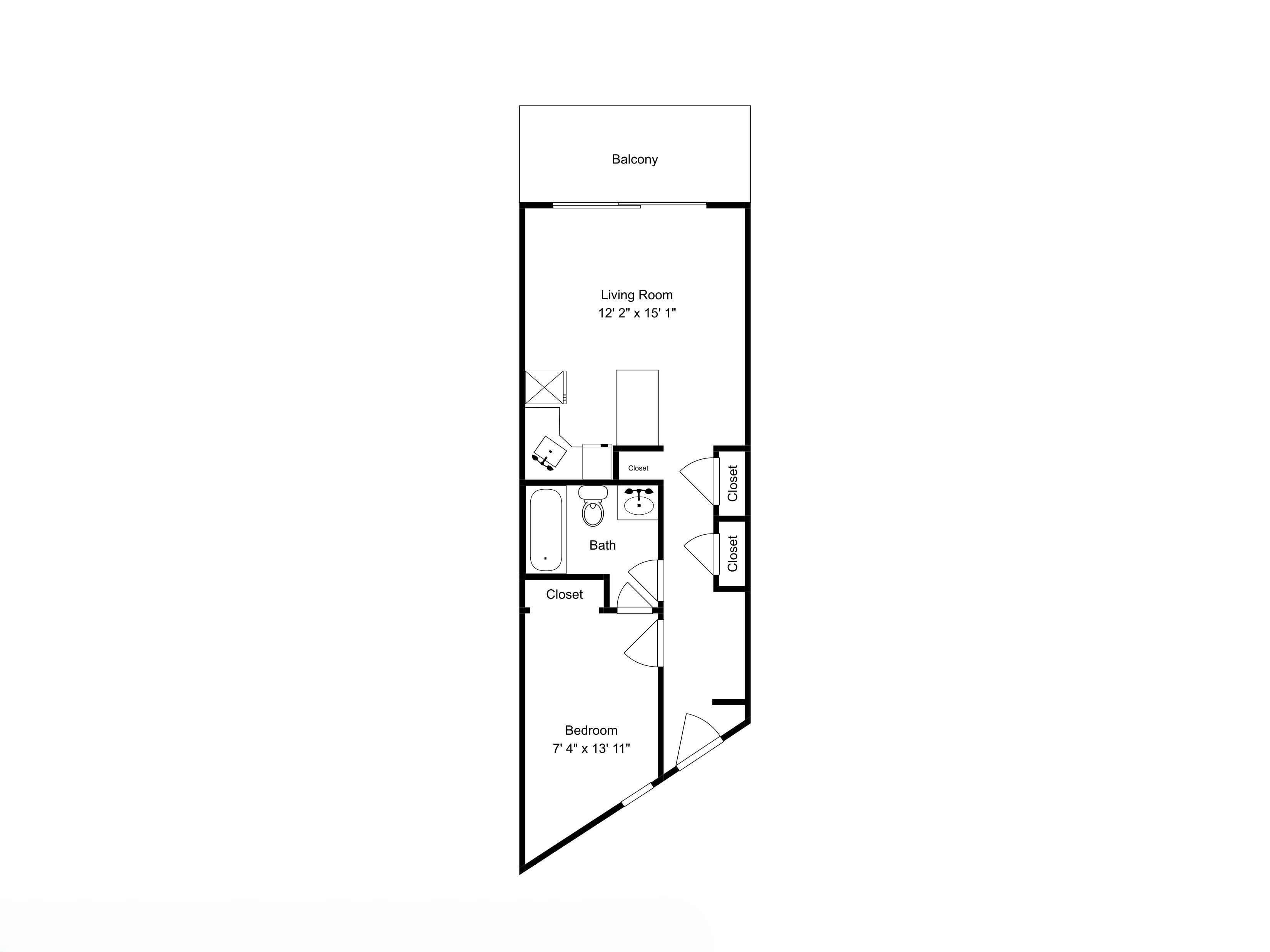 A floor plan with a living room measuring 12'2" x 15'1", a bedroom measuring 7'4" x 13'11", and two closets.