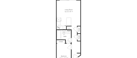 A floor plan with a living room measuring 12'2" x 15'1", a bedroom measuring 7'4" x 13'11", and two closets.