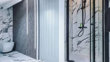 Shower, hair dryer, shampoo