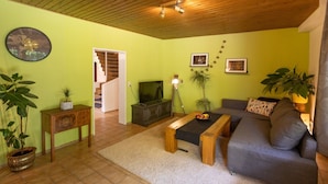 A living room with a sofa, coffee table, TV, and potted plants.