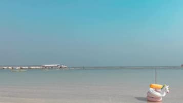 A beach scene with a swan float and a pier in the background.