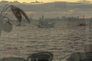 Vista de un cuerpo de agua con varios barcos, el perfil distante de una ciudad y un cielo nublado.