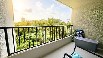 A balcony with a view of greenery and a black railing.
