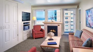 48-inch flat-screen TV with cable channels, fireplace