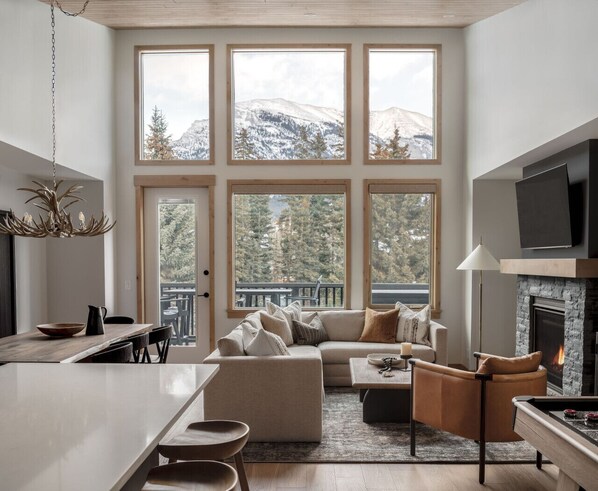 TV, fireplace, music library