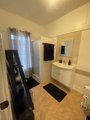 Shower, towels, toilet paper