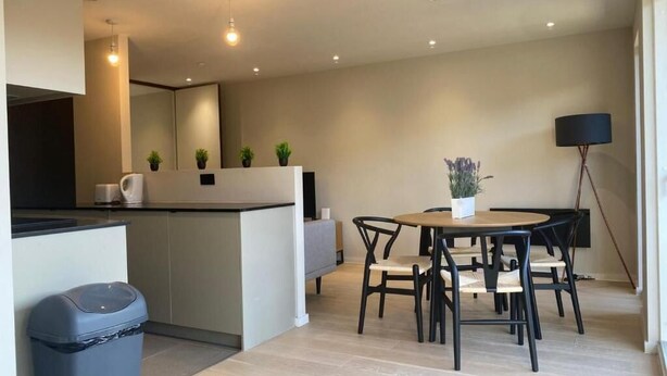 Una cocina moderna con comedor, un cubo de basura y una lámpara.