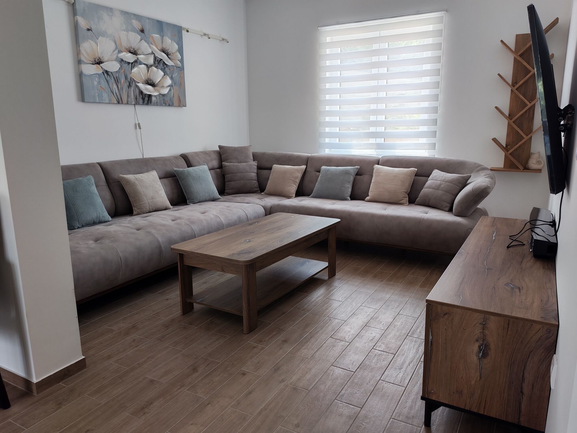 Smart-tv, ett bordtennisbord och en stereo