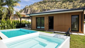Een moderne woning met een zwembad en een jacuzzi.