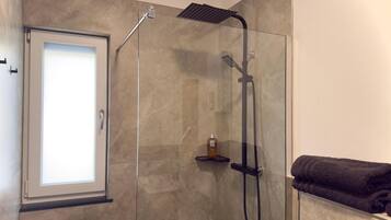 Shower, hair dryer, towels