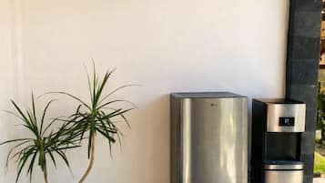 Un objeto metálico, posiblemente un dispensador de agua, junto a una pared con una planta.