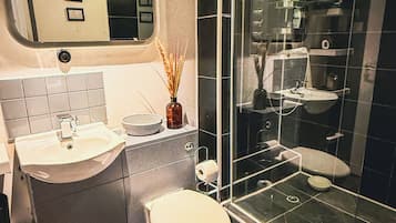 Shower, towels, soap, toilet paper