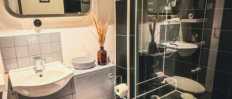 Shower, towels, soap, toilet paper