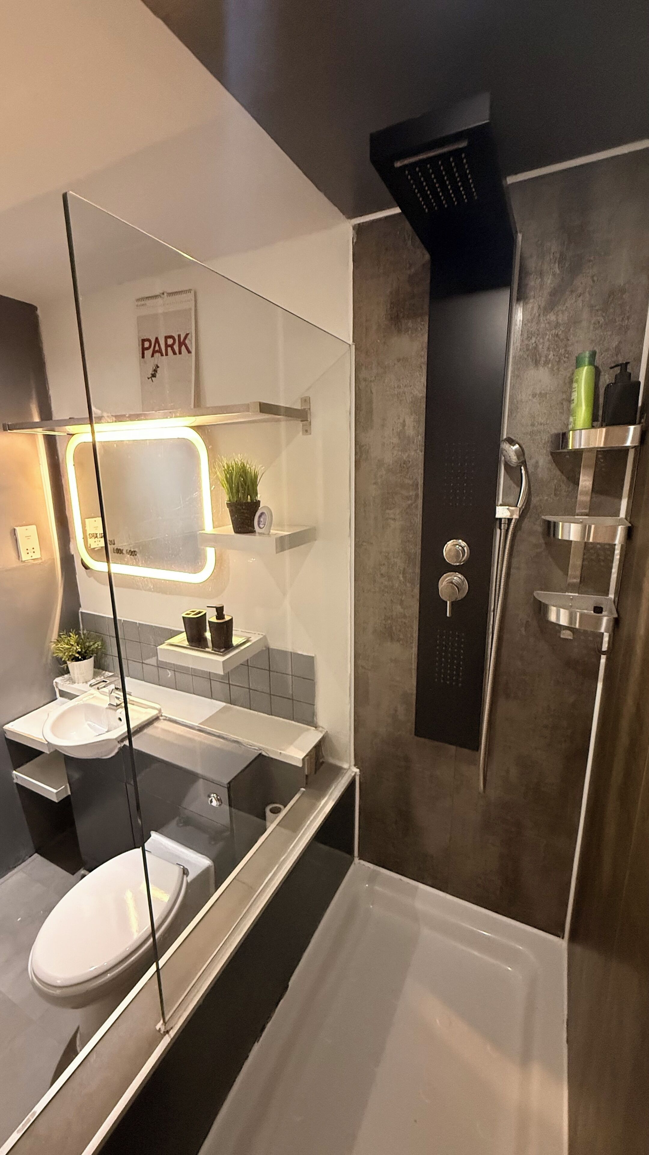 Shower, towels, soap, toilet paper