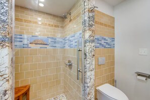 Hair dryer, towels, soap, shampoo