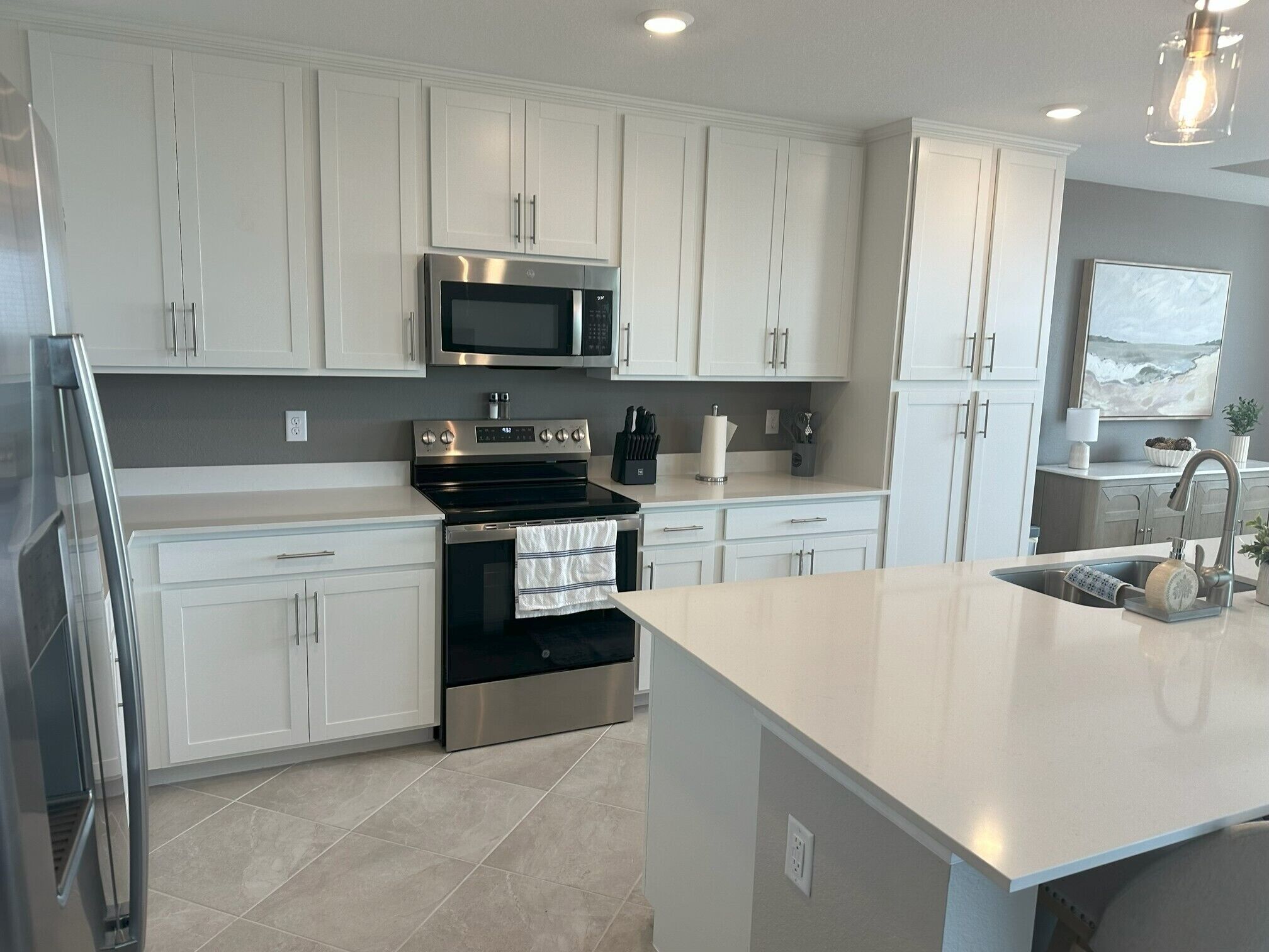 Een magnetron, een oven, een kookplaat, een vaatwasser