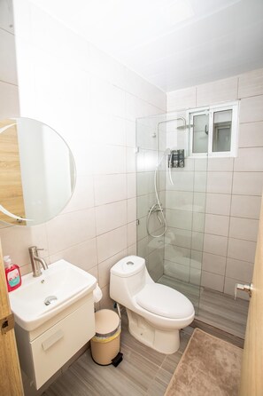 シャワー、タオル、石鹸、トイレットペーパー