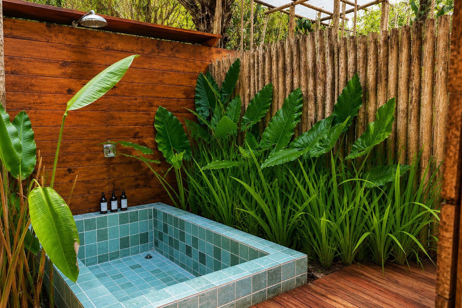 Cabaña Confort, baño privado, vistas al jardín | Baño | Ducha y bañera combinadas, toallas, jabón y champú