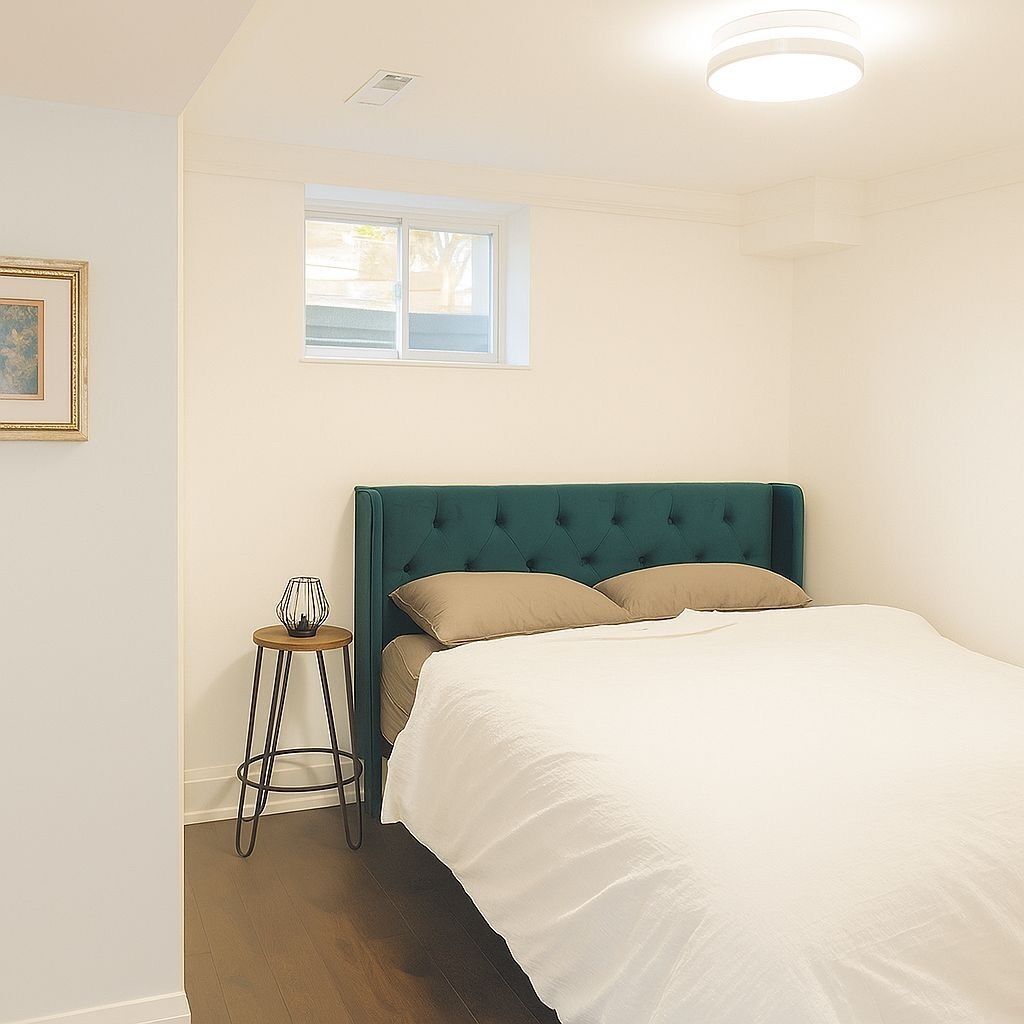 A bedroom with a bed, a window, a stool, and a framed picture on the wall.