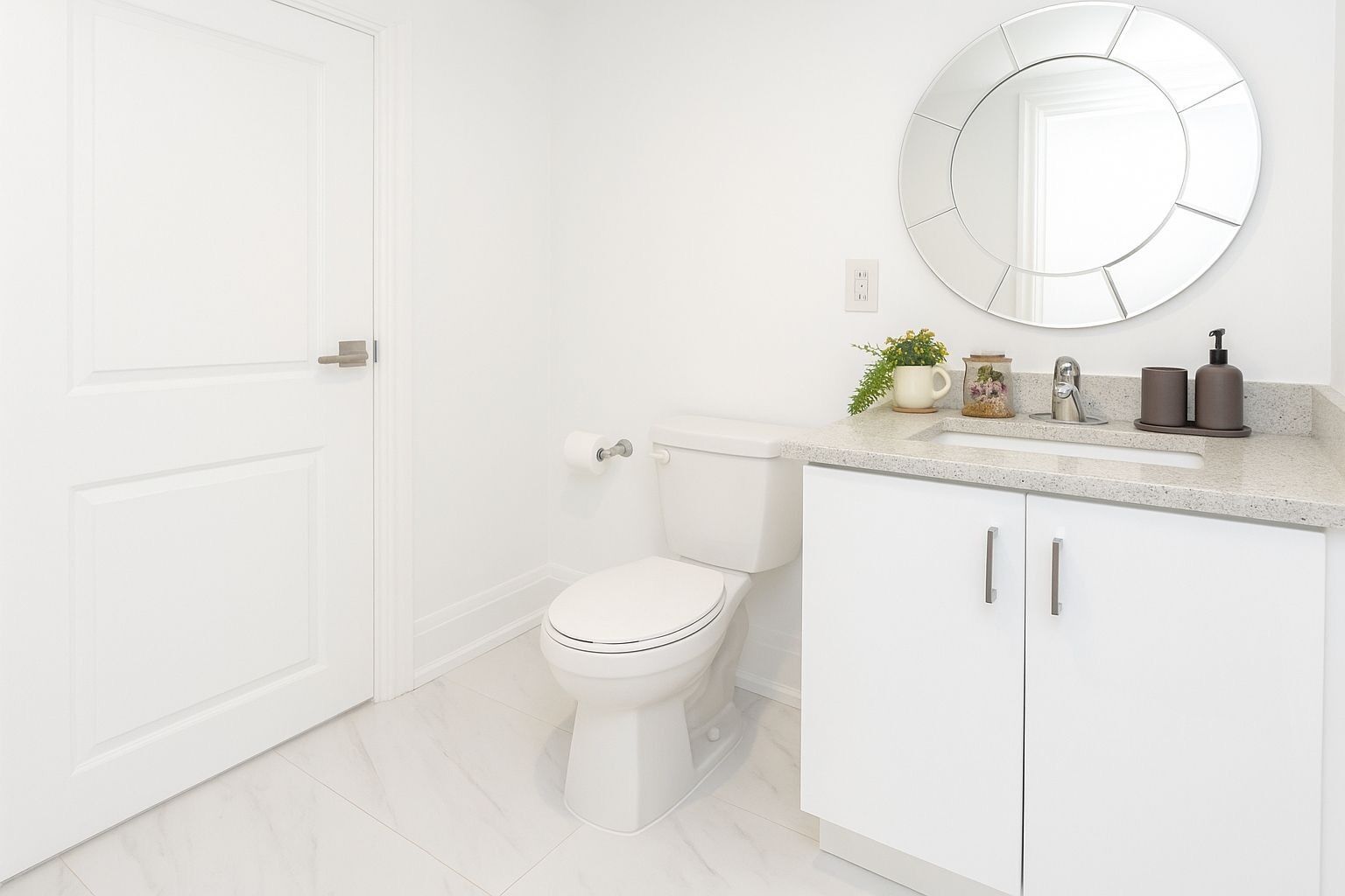 A modern bathroom with a white toilet, a round mirror, and a countertop with toiletries.