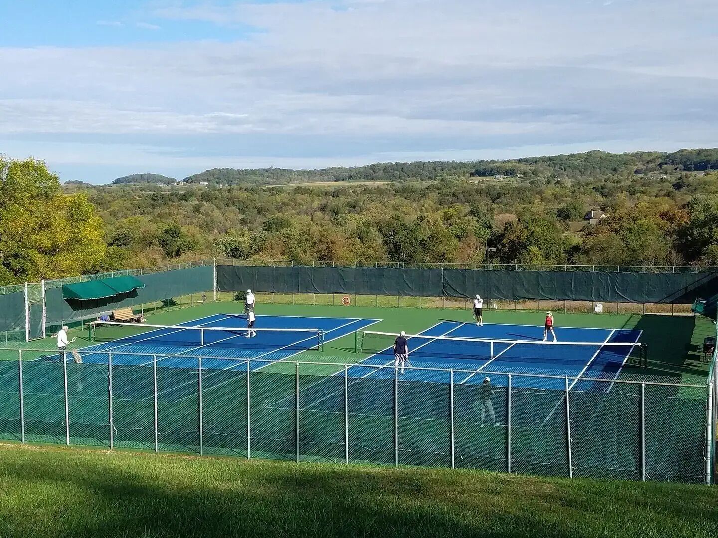 Un court de tennis comprenant plusieurs terrains, entouré d’une clôture verte et bordé d’arbres en arrière-plan.