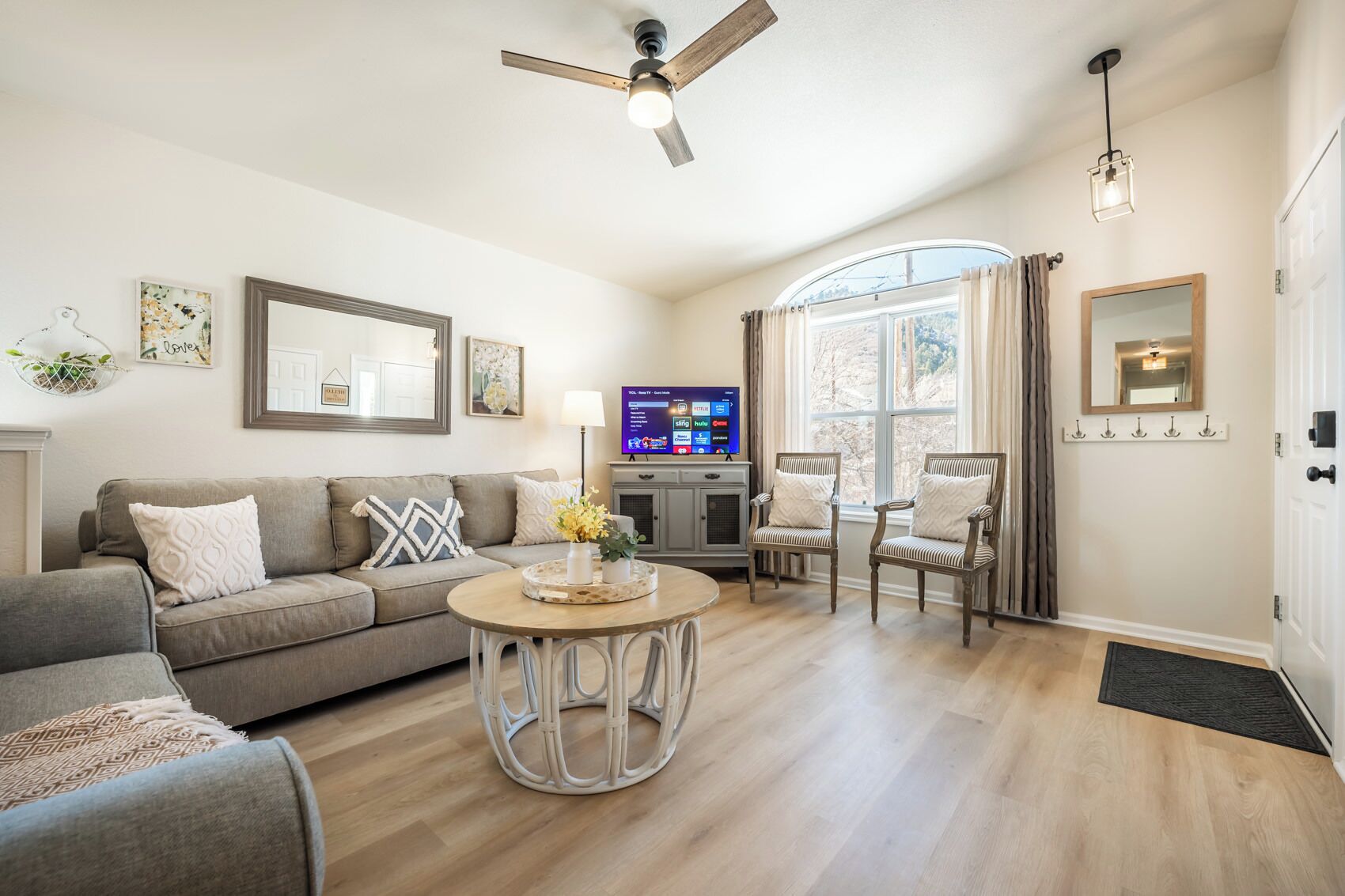 Smart TV, fireplace, table football, books