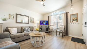 Smart TV, fireplace, table football, books