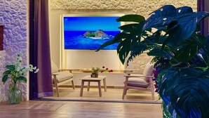 Ein Zimmer mit großem Fernseher, der eine schöne Aussicht zeigt, einem Holzstuhl, einem kleinen Tisch und einer Topfpflanze.