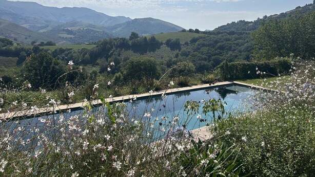 A swimming pool with a view of green hills and mountains in the background. - FAGACHURIA - ITXASSOU (ITXASSOU)