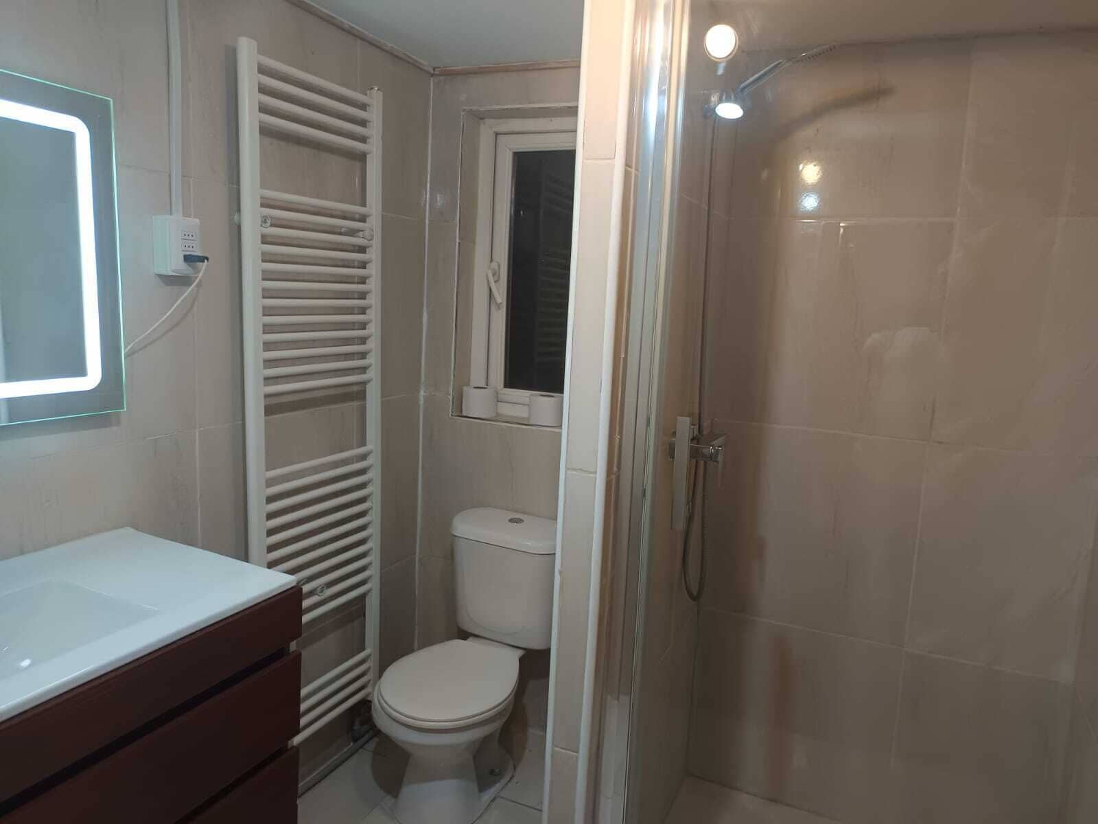 Shower, towels, soap, toilet paper