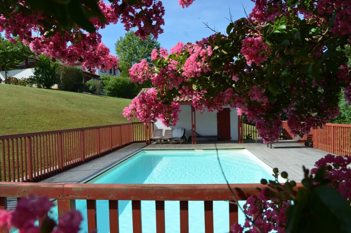 A swimming pool with a wooden deck and a wooden fence.