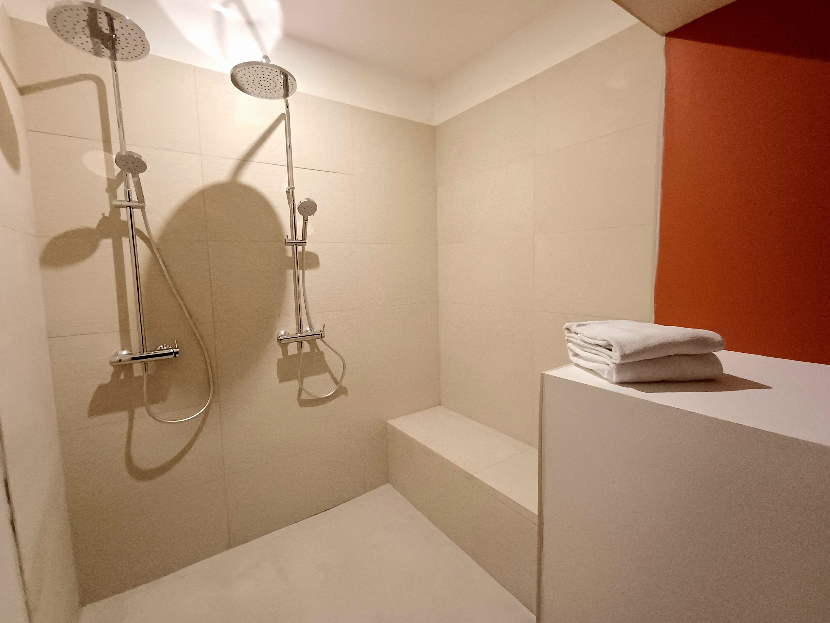 Douche, serviettes fournies, papier toilette