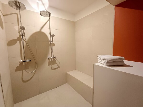 Douche, serviettes fournies, papier de toilette