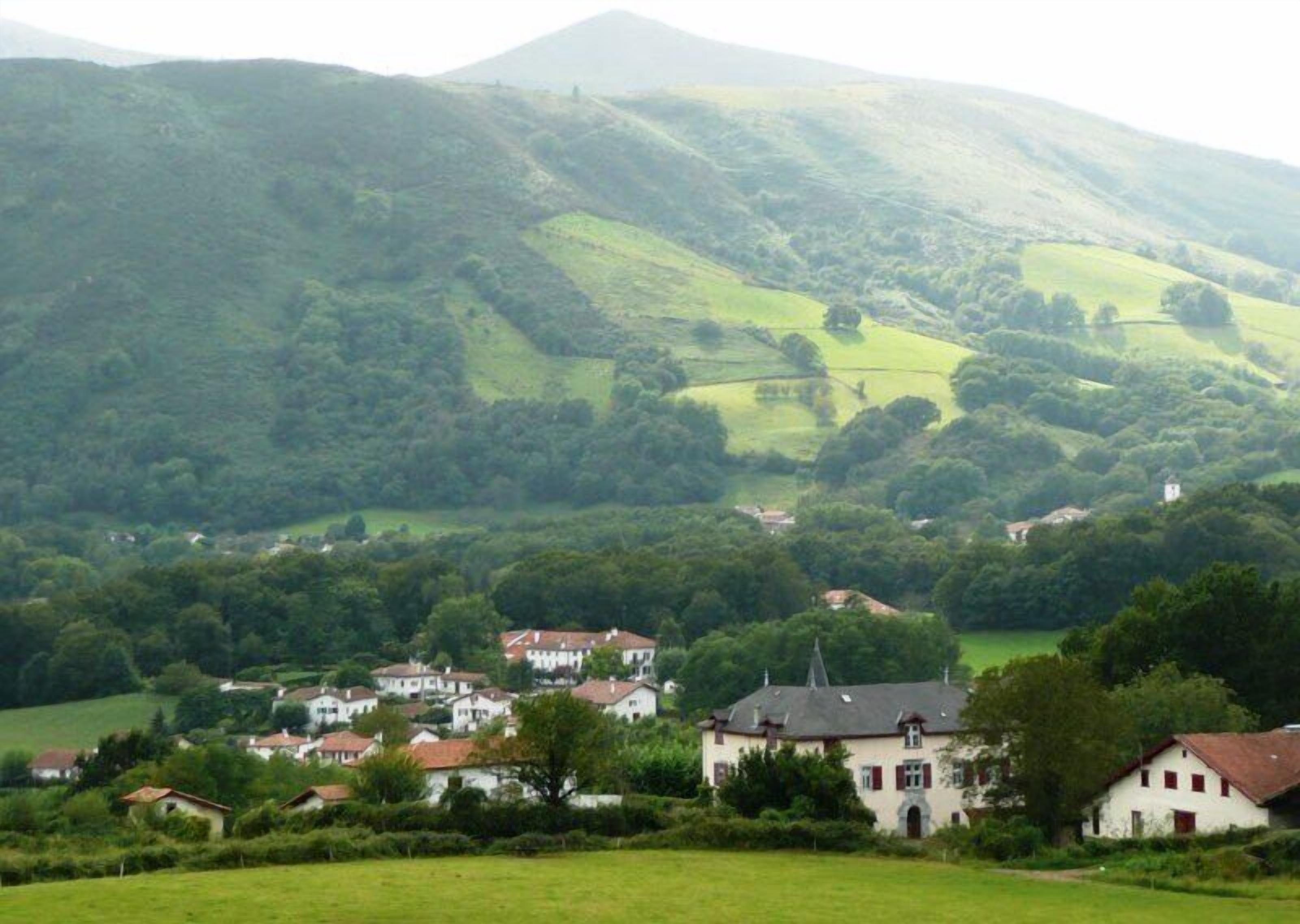Un village rural dont les maisons sont entourées de champs verdoyants et de collines.